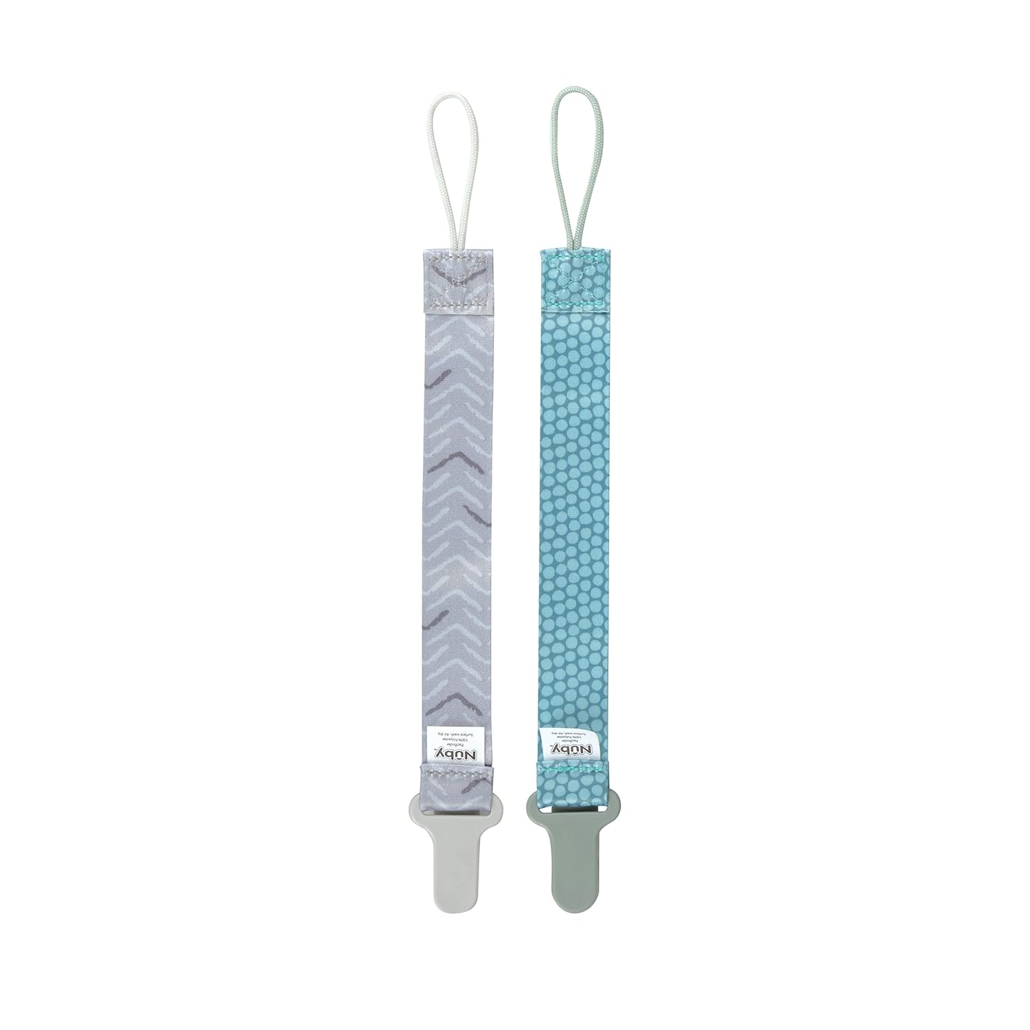 image:imageNuby Pacifinder Baby Pacifier Clip 2Pack Pacifier Holder with Convenient Hook Loop Gray Strokes and Aqua Abstract BoysGreen Dots and Gray Arrows