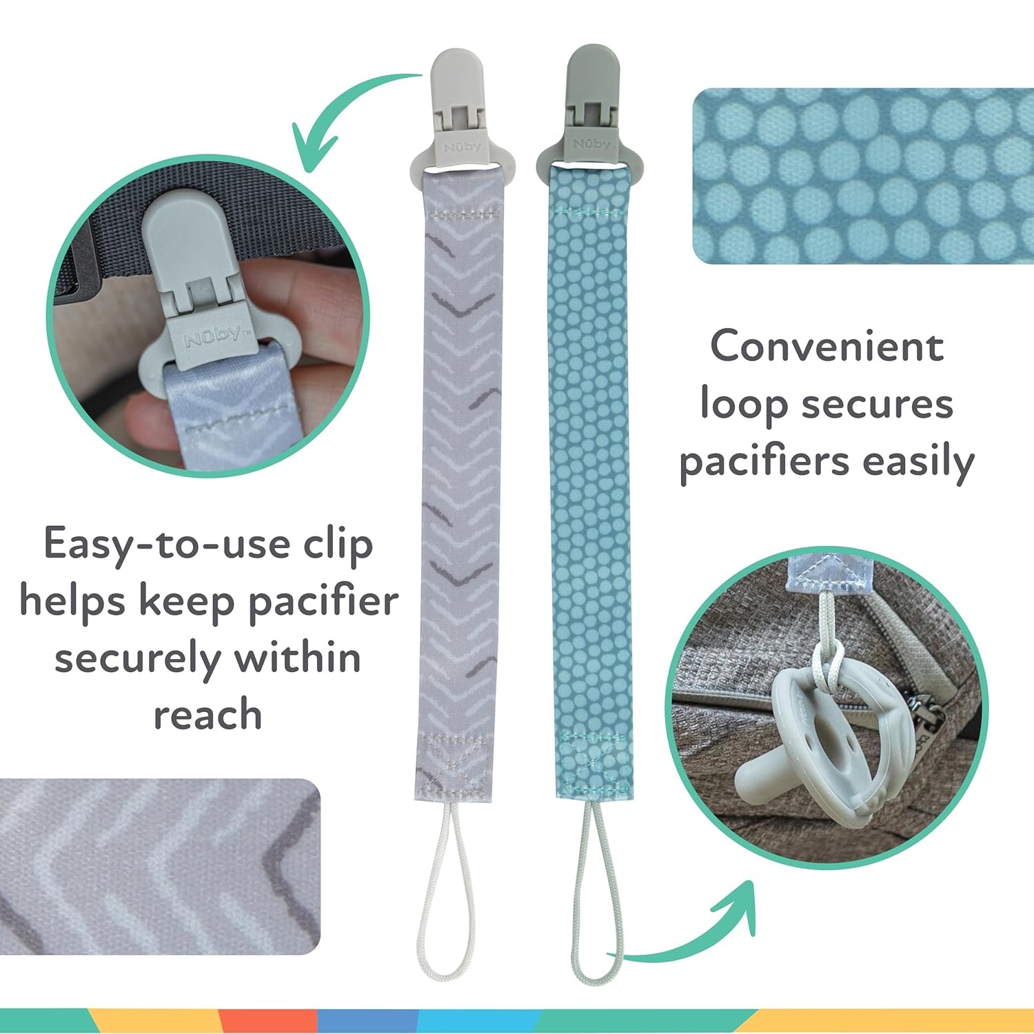 image:imageNuby Pacifinder Baby Pacifier Clip 2Pack Pacifier Holder with Convenient Hook Loop Gray Strokes and Aqua Abstract BoysGreen Dots and Gray Arrows