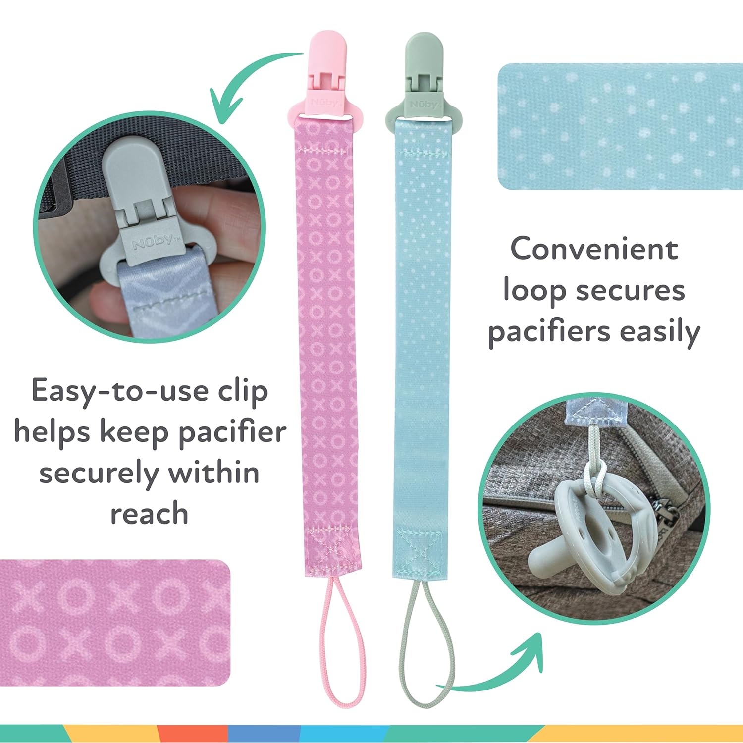 image:imageNuby Pacifinder Baby Pacifier Clip 2Pack Pacifier Holder with Convenient Hook Loop Gray Strokes and Aqua Abstract BoysGreen Dots and Pink Xo