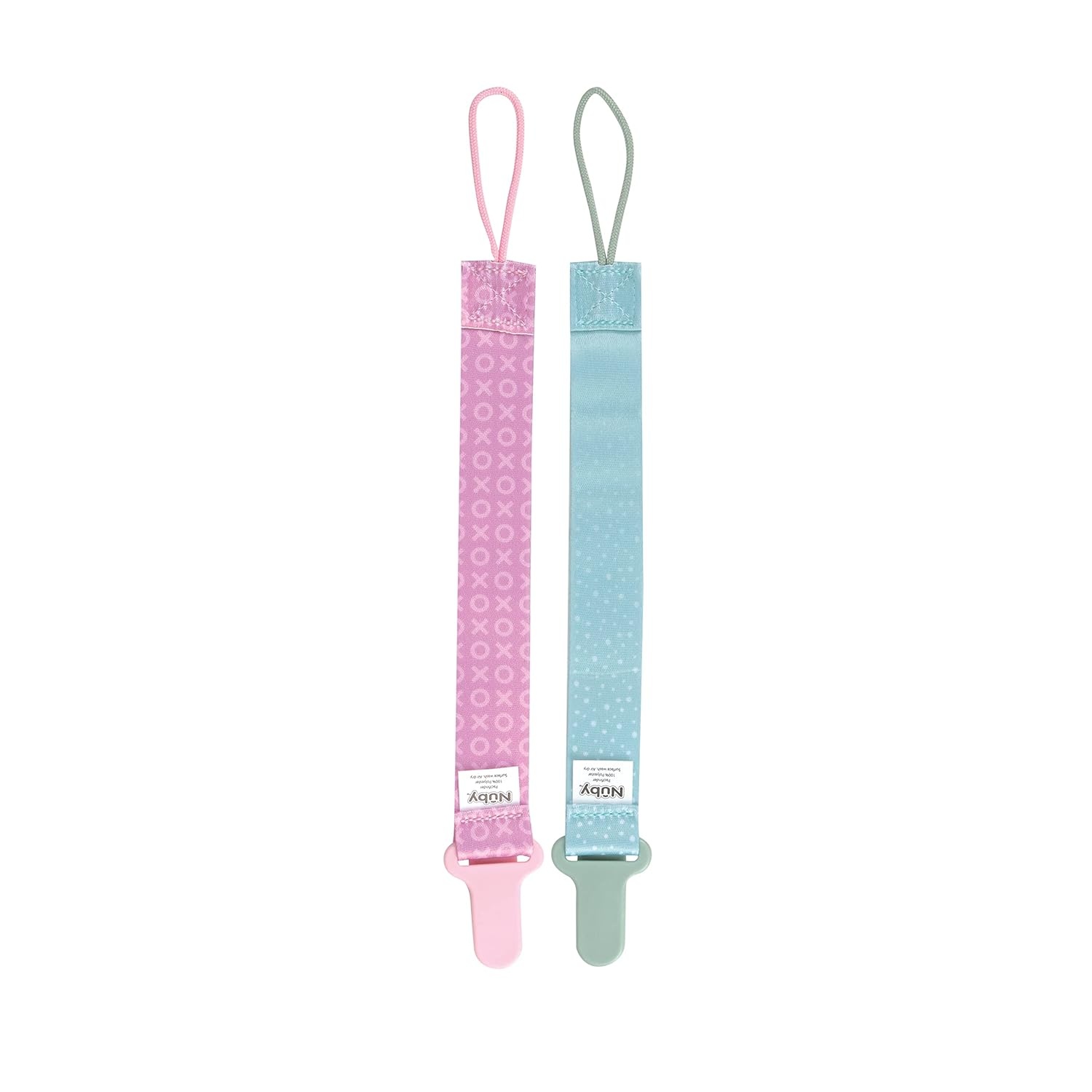 image:imageNuby Pacifinder Baby Pacifier Clip 2Pack Pacifier Holder with Convenient Hook Loop Gray Strokes and Aqua Abstract BoysGreen Dots and Pink Xo