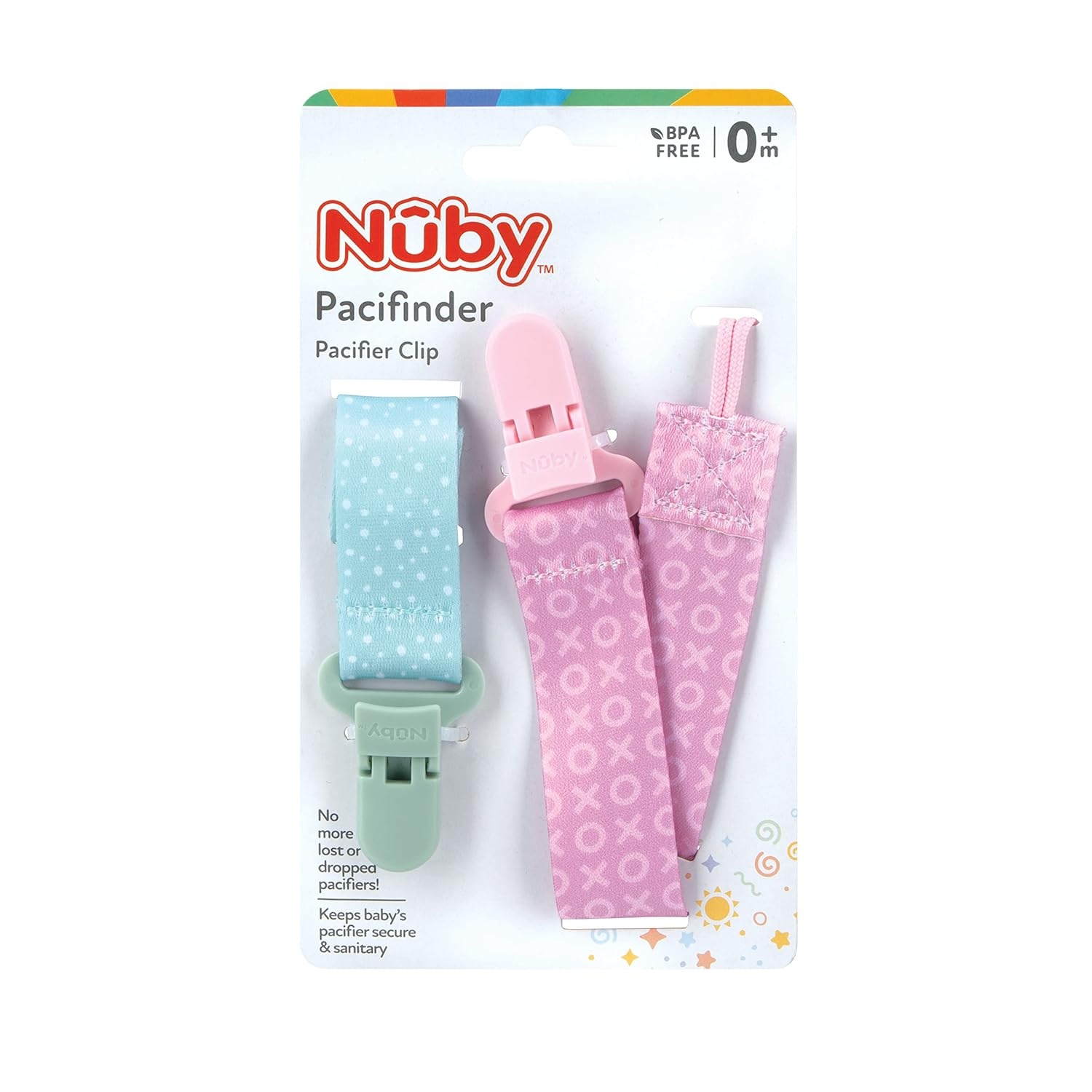 image:imageNuby Pacifinder Baby Pacifier Clip 2Pack Pacifier Holder with Convenient Hook Loop Gray Strokes and Aqua Abstract BoysGreen Dots and Pink Xo