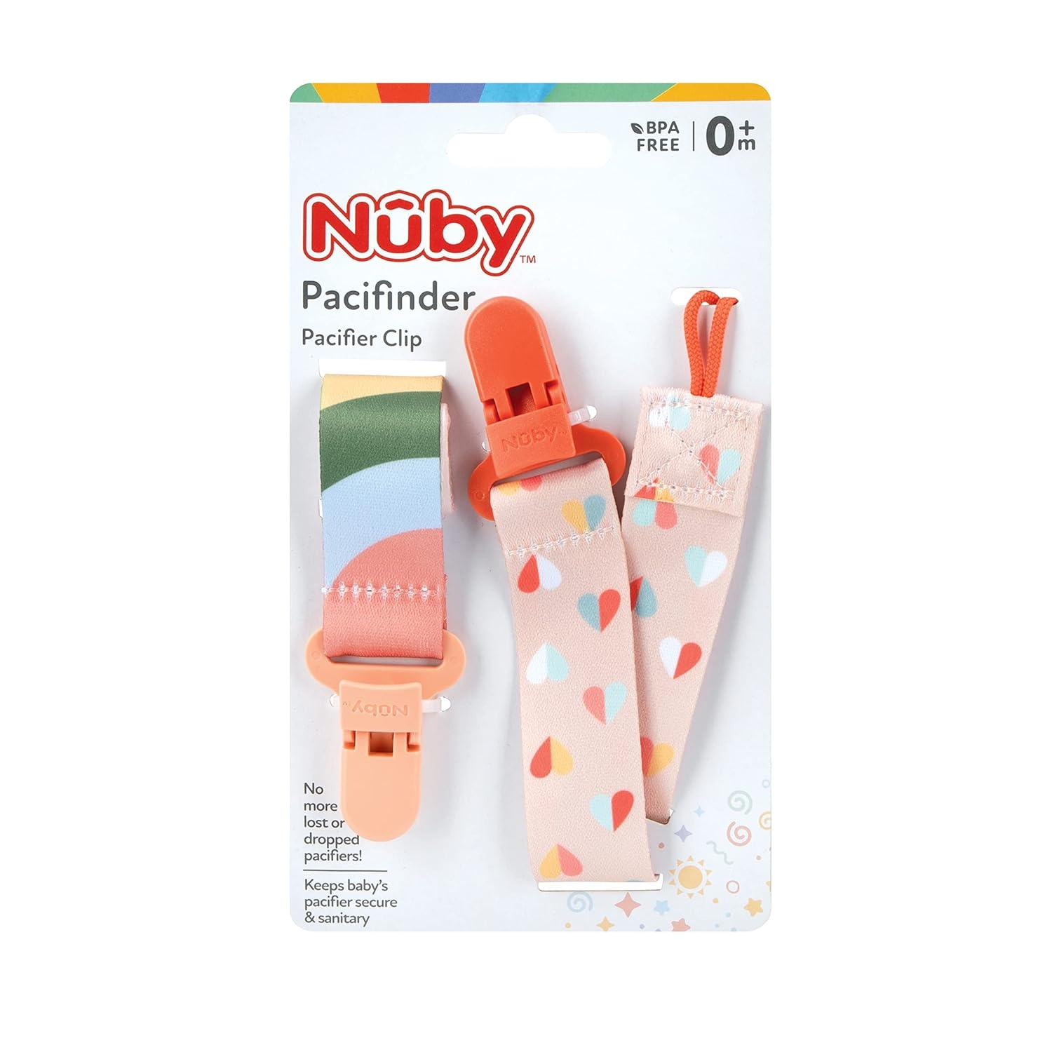image:imageNuby Pacifinder Baby Pacifier Clip 2Pack Pacifier Holder with Convenient Hook Loop Gray Strokes and Aqua Abstract BoysPeach With Stripes and Peach With Hearts