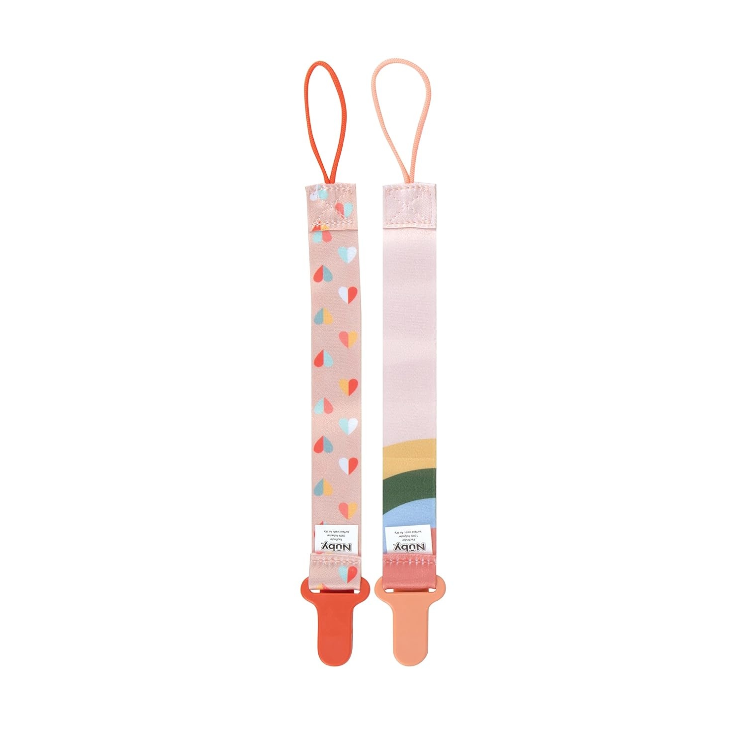 image:imageNuby Pacifinder Baby Pacifier Clip 2Pack Pacifier Holder with Convenient Hook Loop Gray Strokes and Aqua Abstract BoysPeach With Stripes and Peach With Hearts