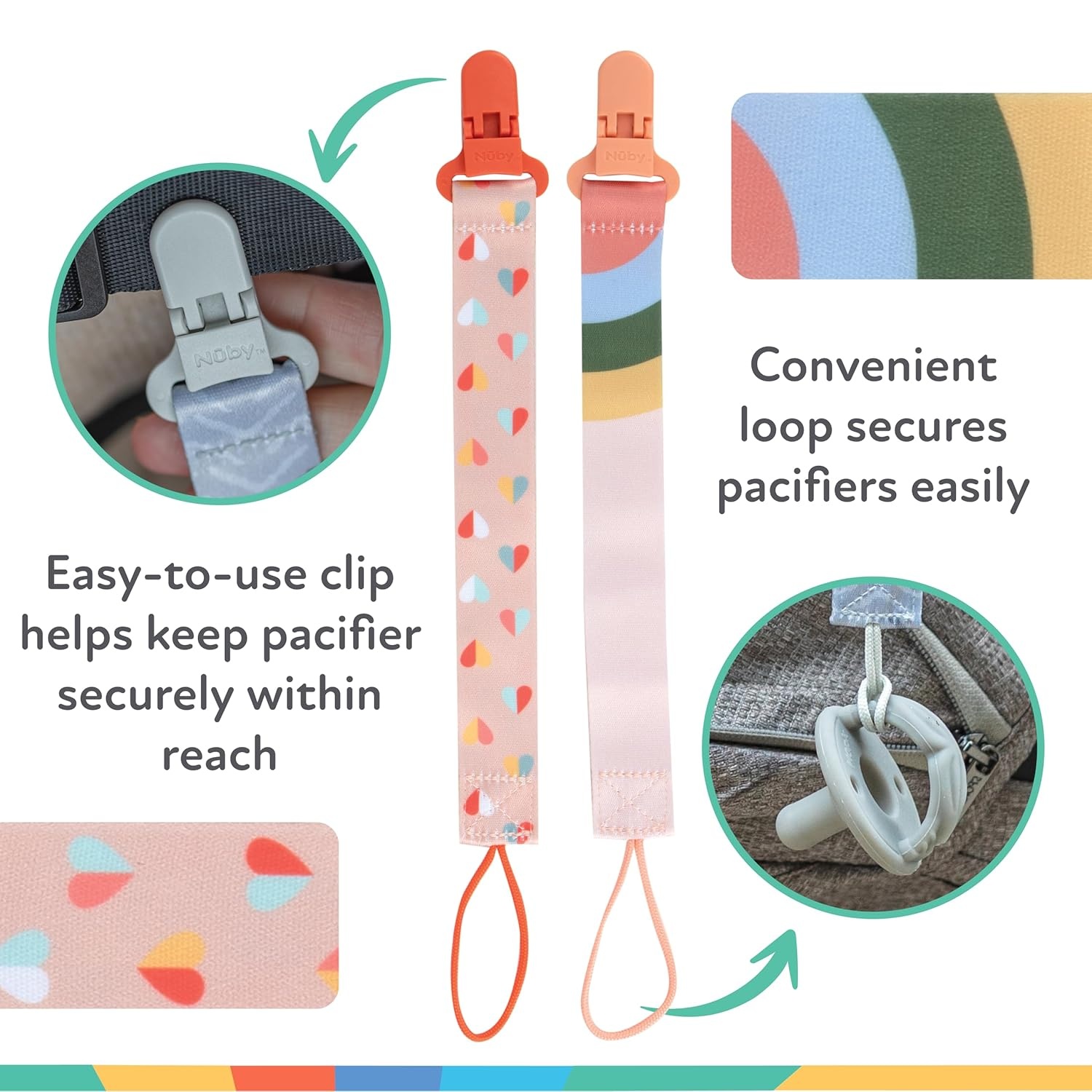 image:imageNuby Pacifinder Baby Pacifier Clip 2Pack Pacifier Holder with Convenient Hook Loop Gray Strokes and Aqua Abstract BoysPeach With Stripes and Peach With Hearts