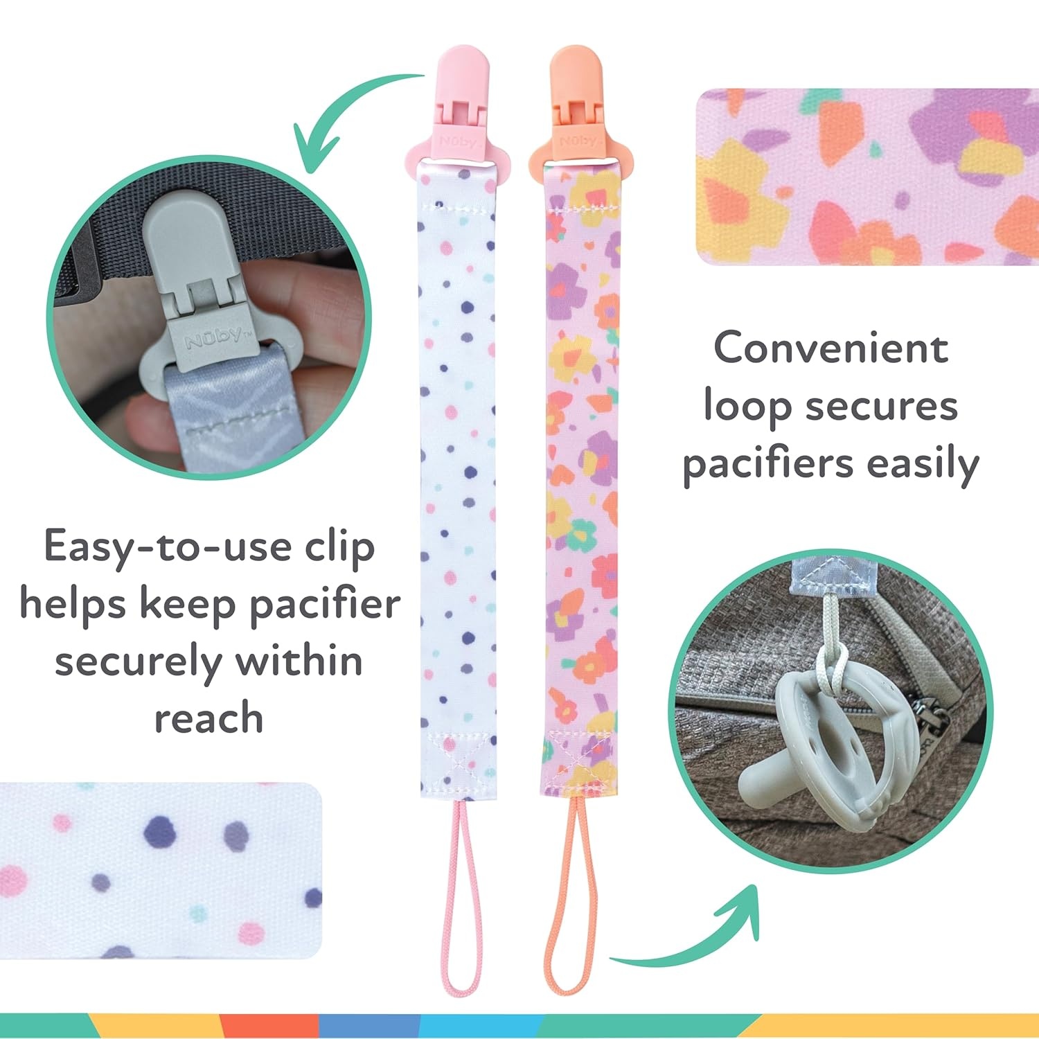 image:imageNuby Pacifinder Baby Pacifier Clip 2Pack Pacifier Holder with Convenient Hook Loop Gray Strokes and Aqua Abstract BoysPink Flowers and White With Polka Dots