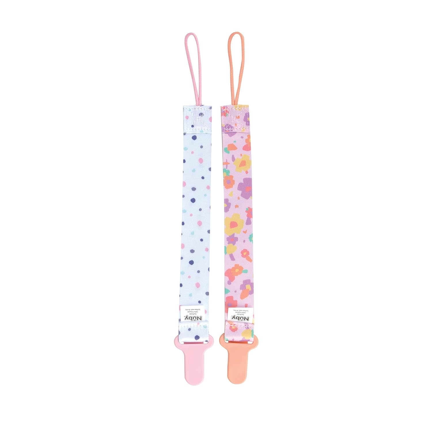 image:imageNuby Pacifinder Baby Pacifier Clip 2Pack Pacifier Holder with Convenient Hook Loop Gray Strokes and Aqua Abstract BoysPink Flowers and White With Polka Dots