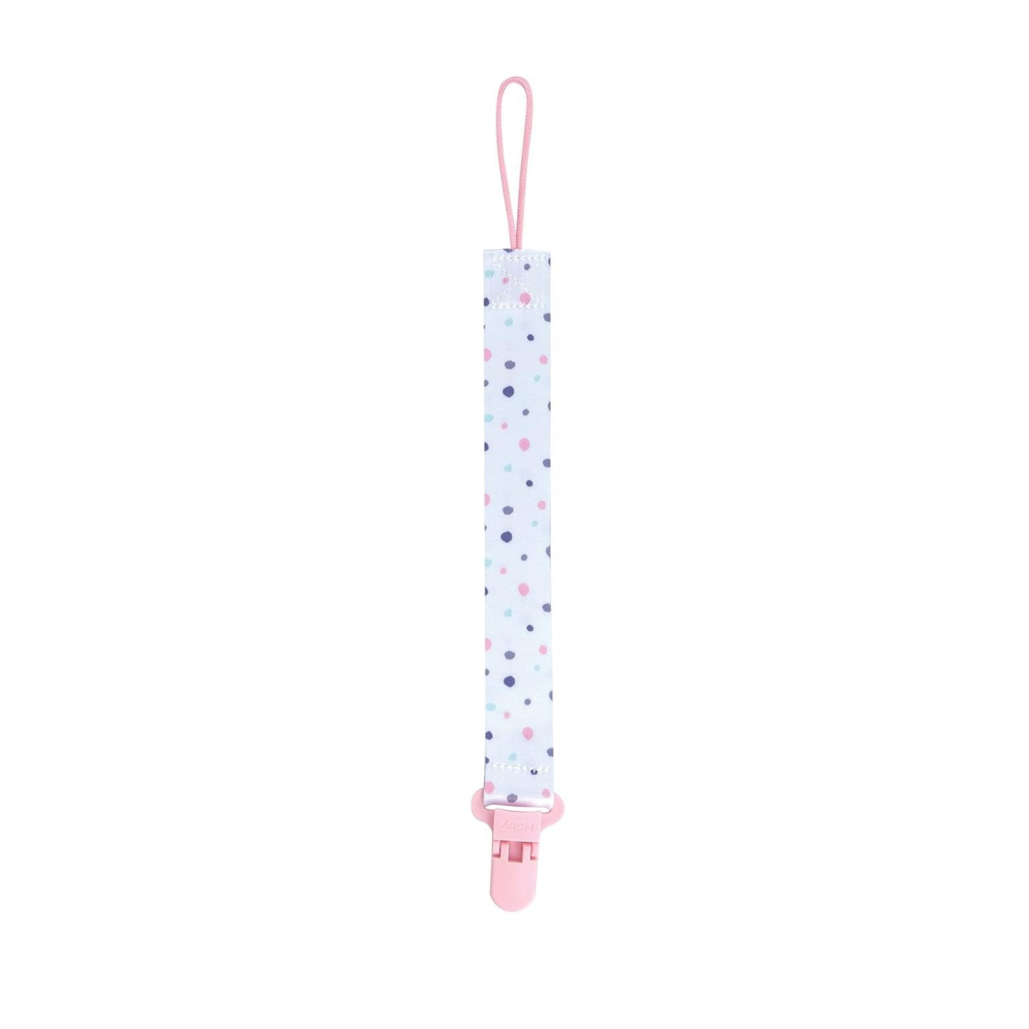 image:imageNuby Pacifinder Baby Pacifier Clip 2Pack Pacifier Holder with Convenient Hook Loop Gray Strokes and Aqua Abstract BoysPink Flowers and White With Polka Dots