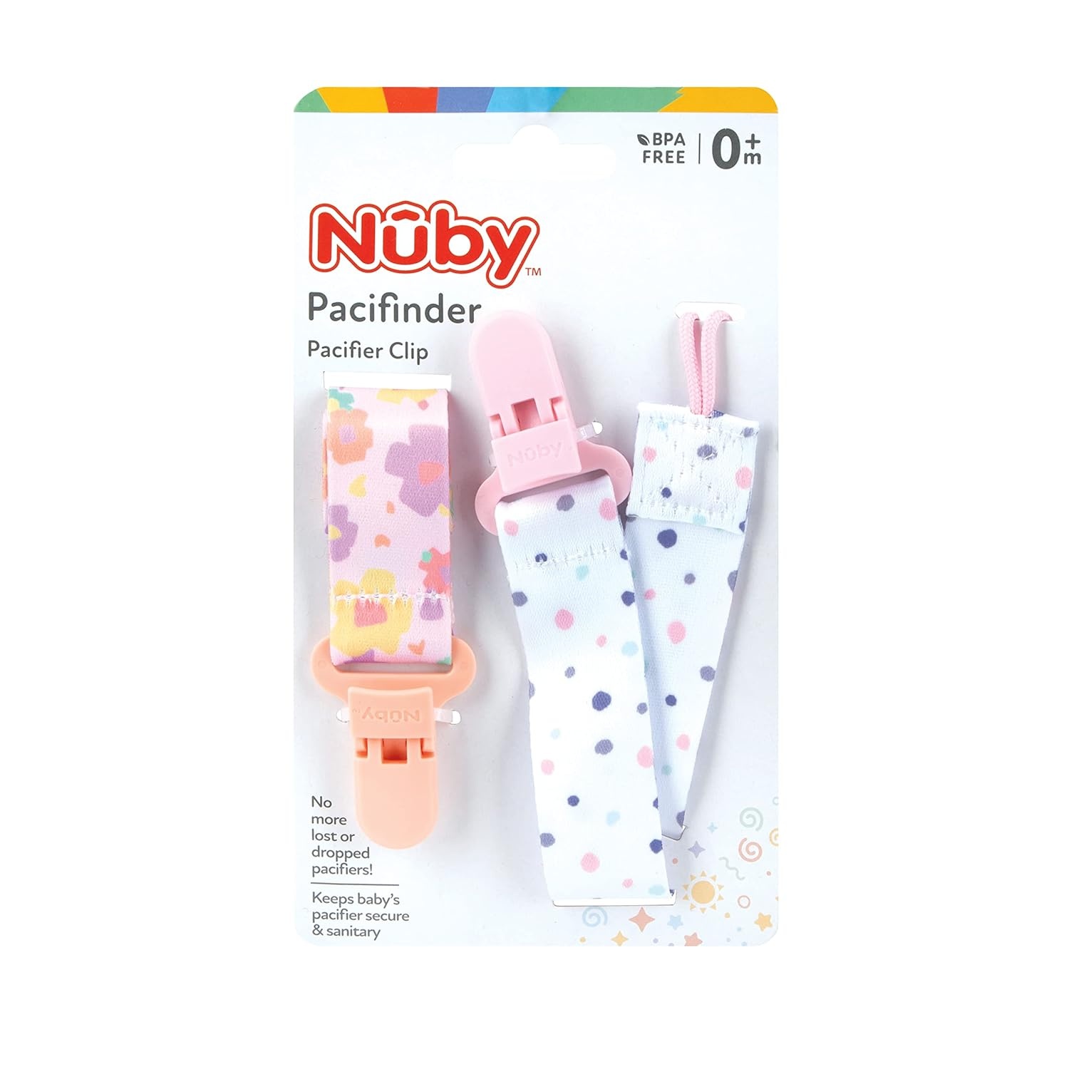 image:imageNuby Pacifinder Baby Pacifier Clip 2Pack Pacifier Holder with Convenient Hook Loop Gray Strokes and Aqua Abstract BoysPink Flowers and White With Polka Dots