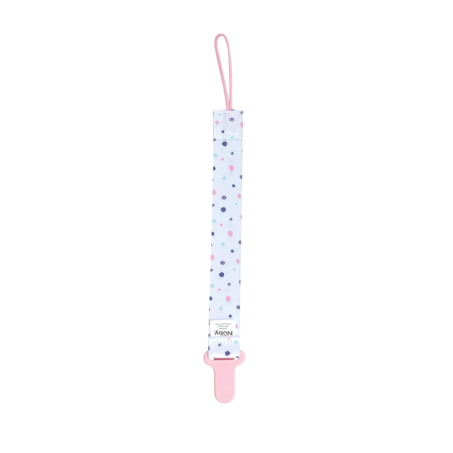 image:imageNuby Pacifinder Baby Pacifier Clip 2Pack Pacifier Holder with Convenient Hook Loop Gray Strokes and Aqua Abstract BoysPink Flowers and White With Polka Dots