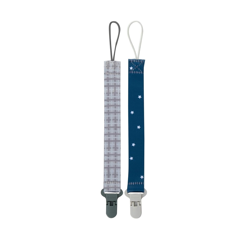 image:imageNuby Pacifinder Baby Pacifier Clip 2Pack Pacifier Holder with Convenient Hook Loop Gray Strokes and Aqua Abstract BoysGray Plaid and Blue Stars
