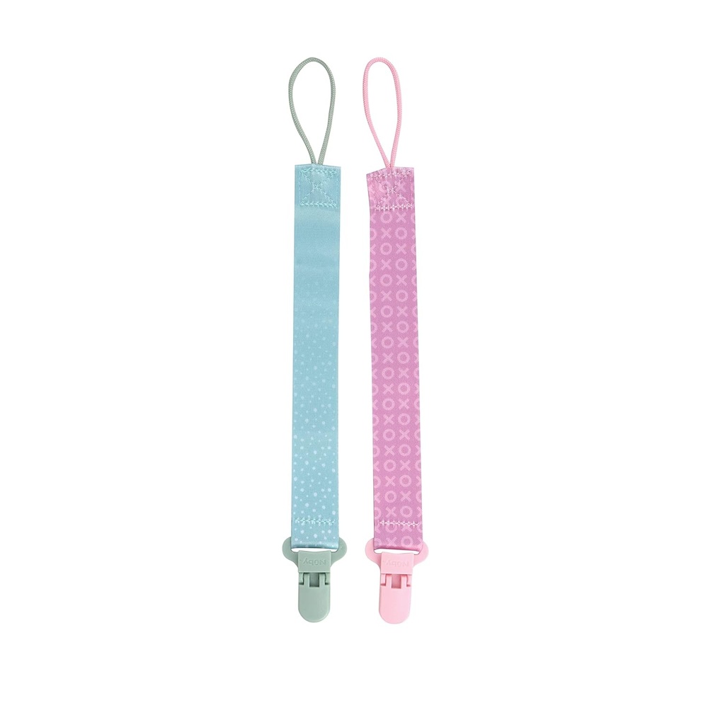 image:imageNuby Pacifinder Baby Pacifier Clip  2Pack  Pacifier Holder with Convenient Hook Loop  Gray Strokes and Aqua Abstract BoysGreen Dots and Pink Xo