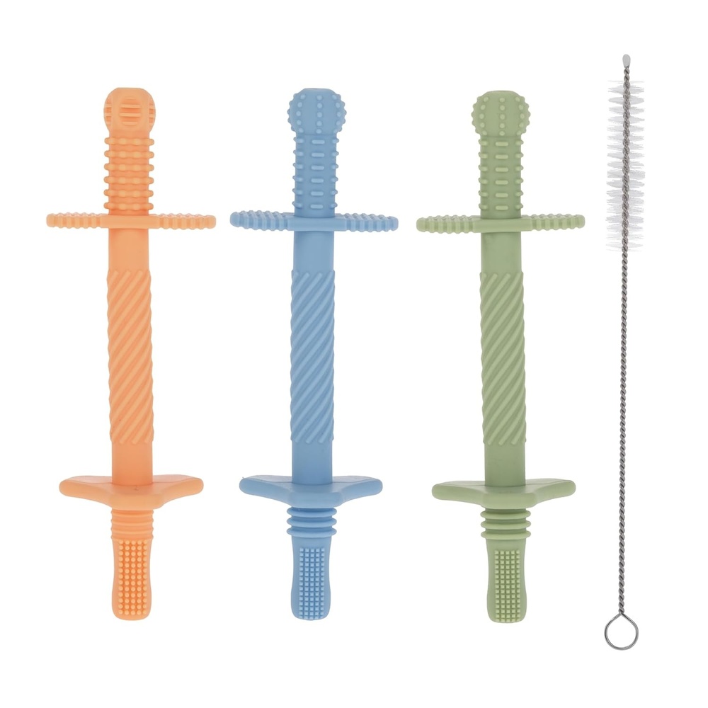 image:imageNuby Sensory Silicone Tube Teethers  3 Pack Textured Infant and Baby Teether Toys  3 Months  Orange Blue and GreenBlue  Green  Orange