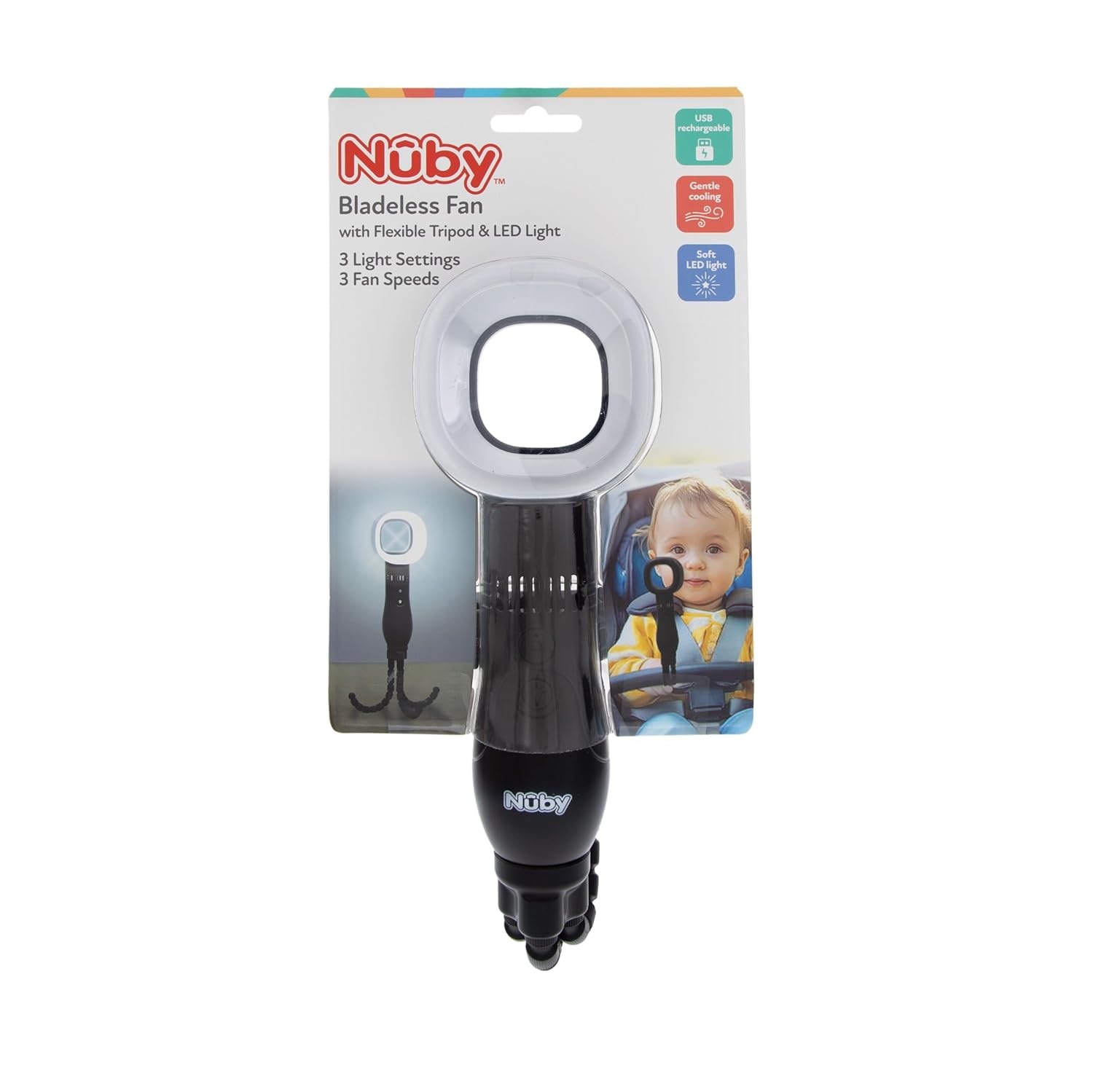 image:imageNuby Bladeless Stroller Fan with Adjustable Legs 3Speed Portable Fan for Car Seats and Play Yards Stroller Accessories Safe Design for Little Fingers Black