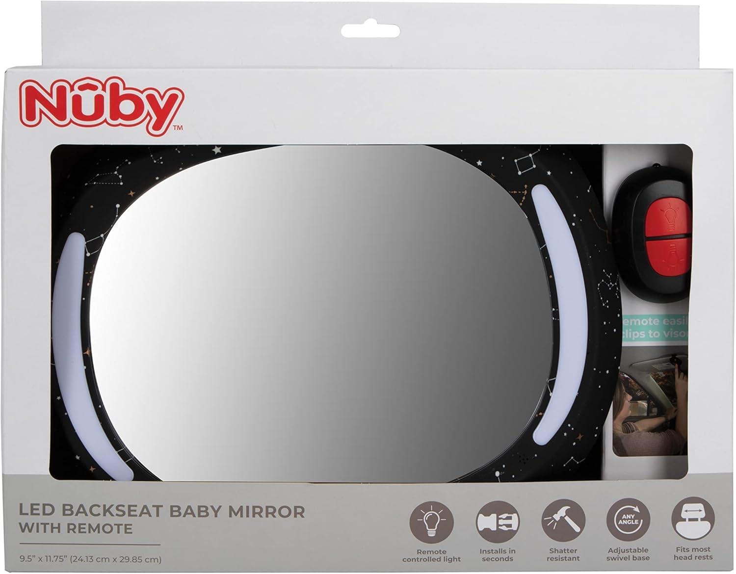 image:imageNuby LED Light Backseat Baby Car Mirror with Remote Controlled Light Wide View Shatter Resistant Mirror Adjustable White CloudNight Sky