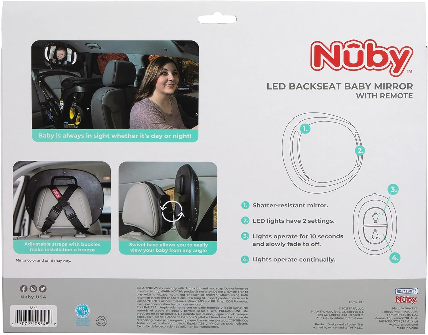 image:imageNuby LED Light Backseat Baby Car Mirror with Remote Controlled Light Wide View Shatter Resistant Mirror Adjustable White CloudNight Sky