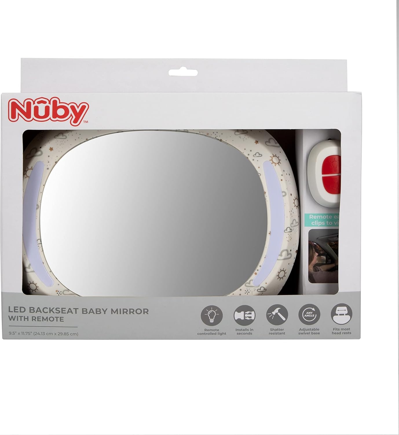 image:imageNuby LED Light Backseat Baby Car Mirror with Remote Controlled Light Wide View Shatter Resistant Mirror Adjustable White CloudWhite Cloud