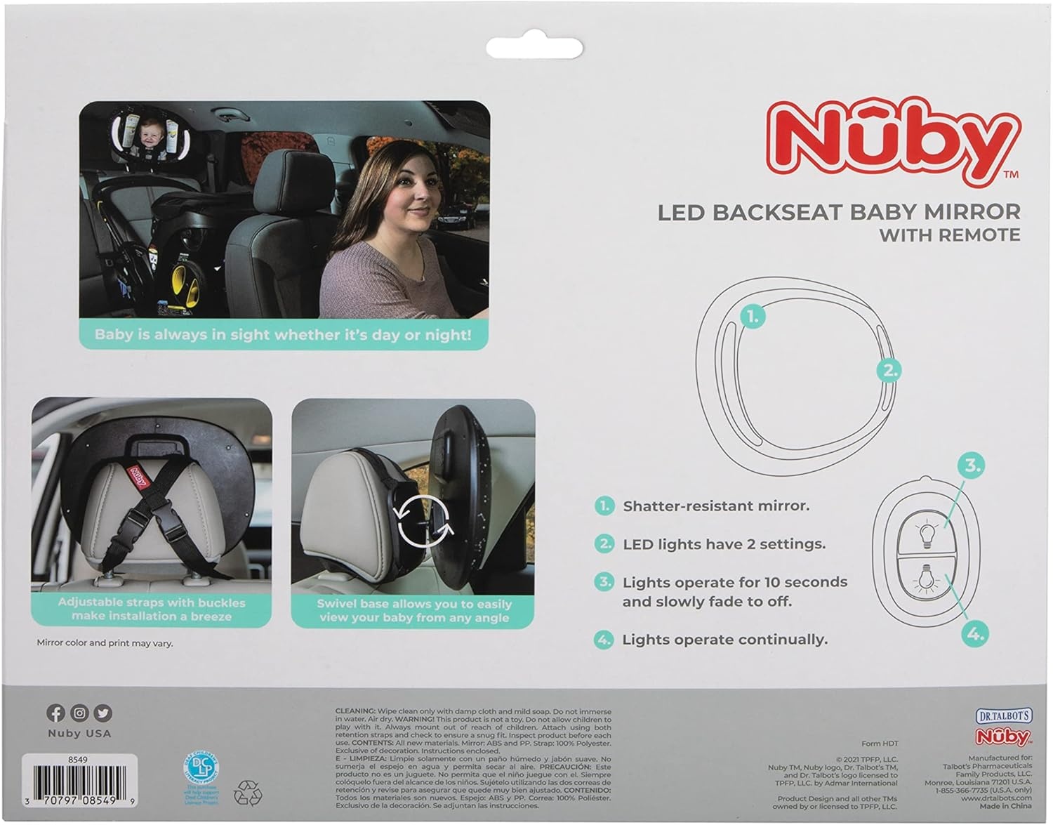 image:imageNuby LED Light Backseat Baby Car Mirror with Remote Controlled Light Wide View Shatter Resistant Mirror Adjustable White CloudWhite Cloud