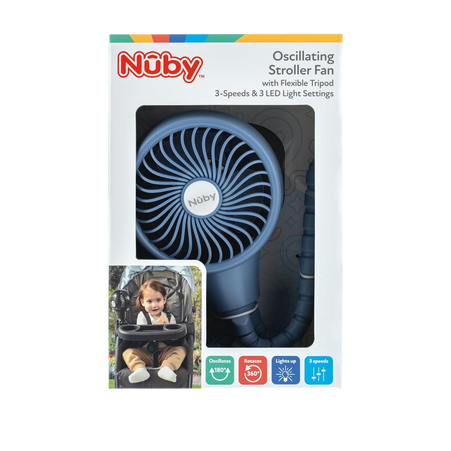 image:imageNuby Oscillating Stroller Fan with Adjustable Legs 3Speed Portable Fan for Car Seats and Play Yards Stroller Accessories Summer Travel Essentials BlackBlue