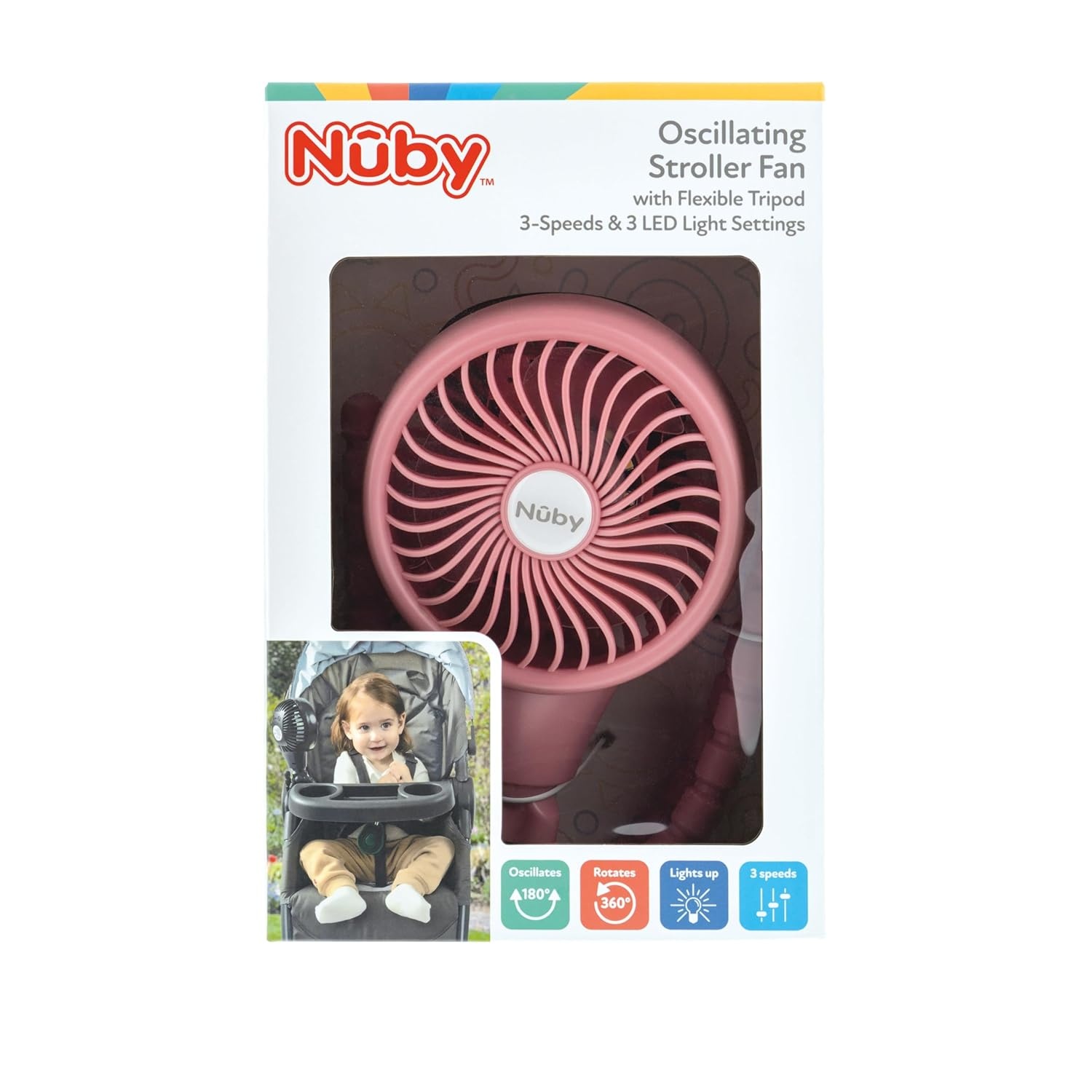 image:imageNuby Oscillating Stroller Fan with Adjustable Legs 3Speed Portable Fan for Car Seats and Play Yards Stroller Accessories Summer Travel Essentials BlackPink