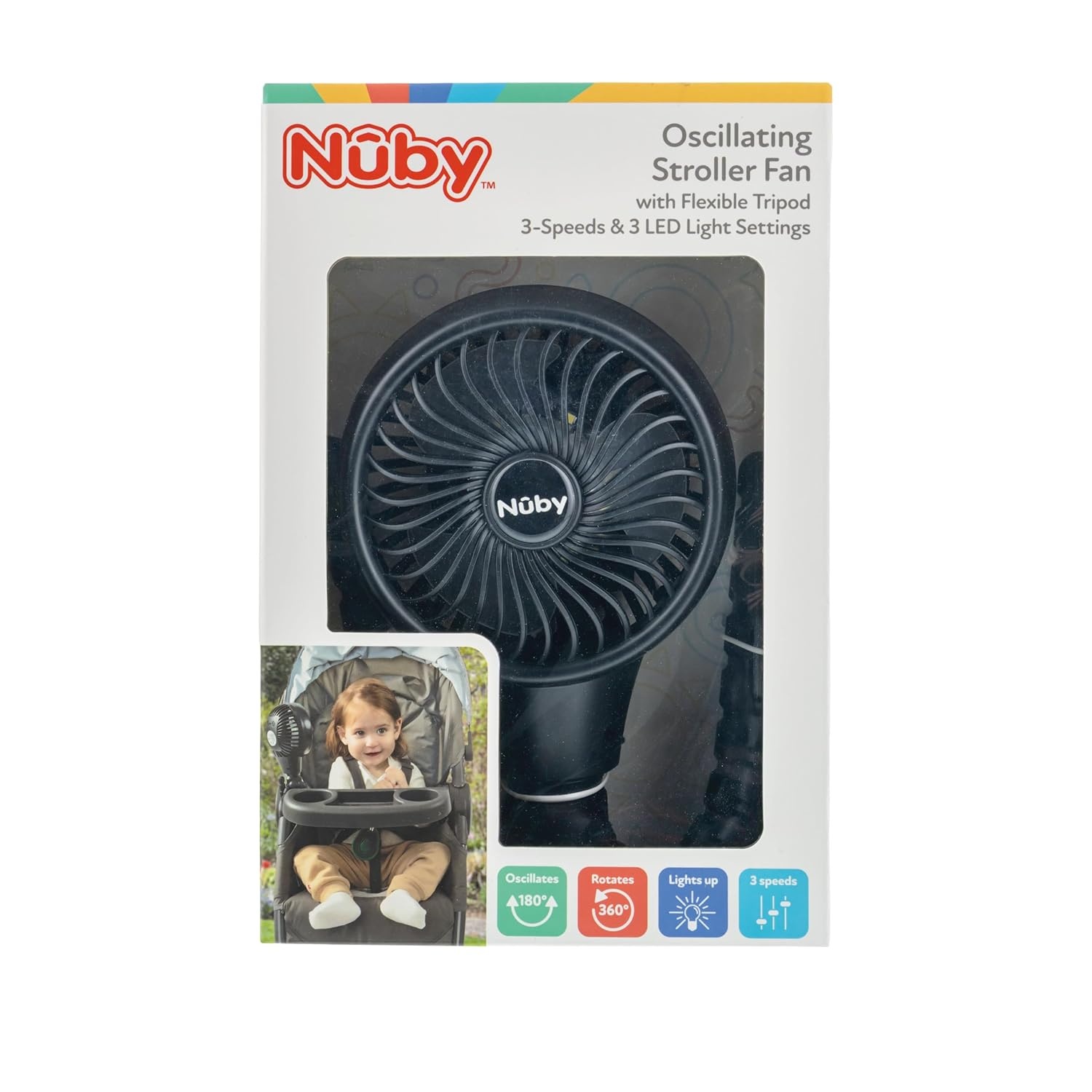 image:imageNuby Oscillating Stroller Fan with Adjustable Legs 3Speed Portable Fan for Car Seats and Play Yards Stroller Accessories Summer Travel Essentials BlackBlack