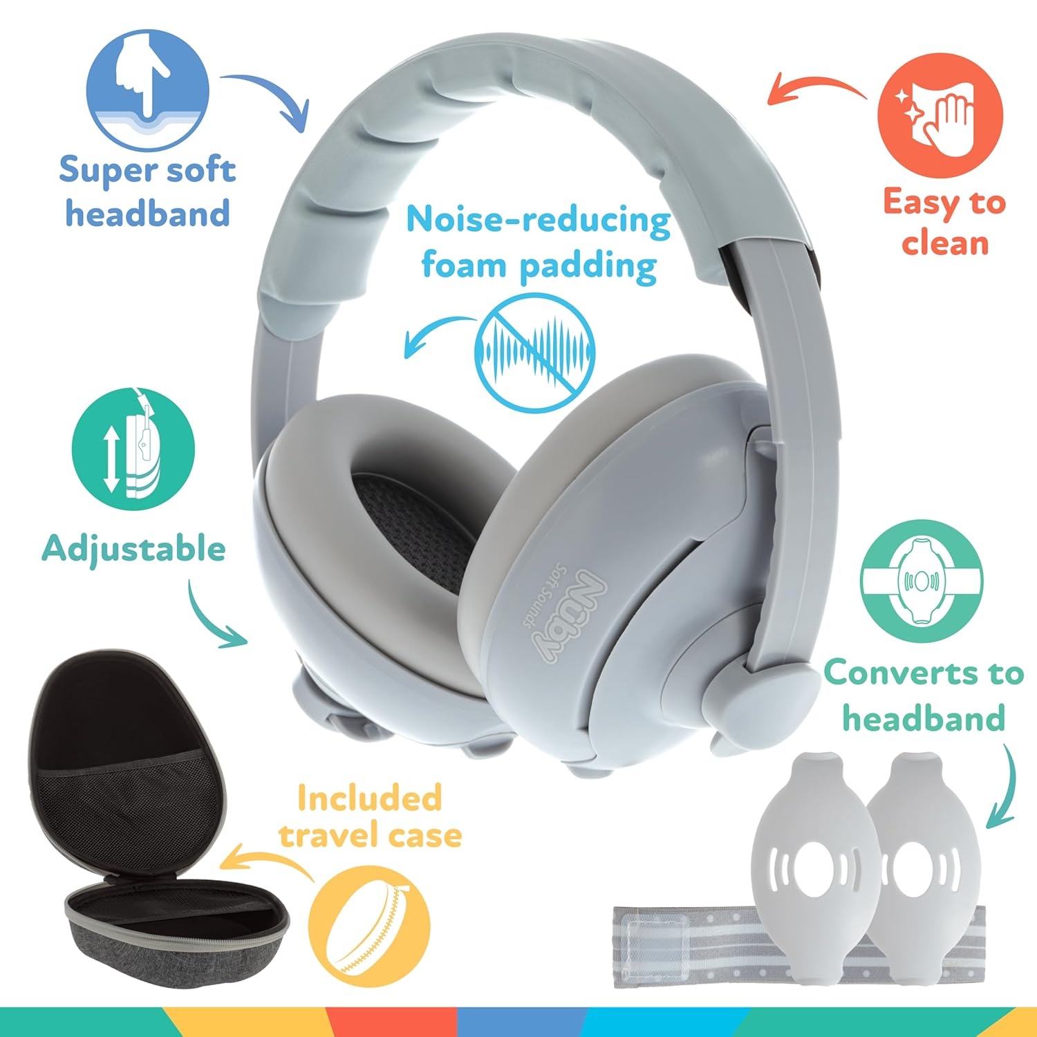 image:imageNuby Soft Sounds 2in1 NoiseCanceling Baby Earmuffs with Travel Case Adjustable Noise Protection for Infants and Toddlers WhiteGray