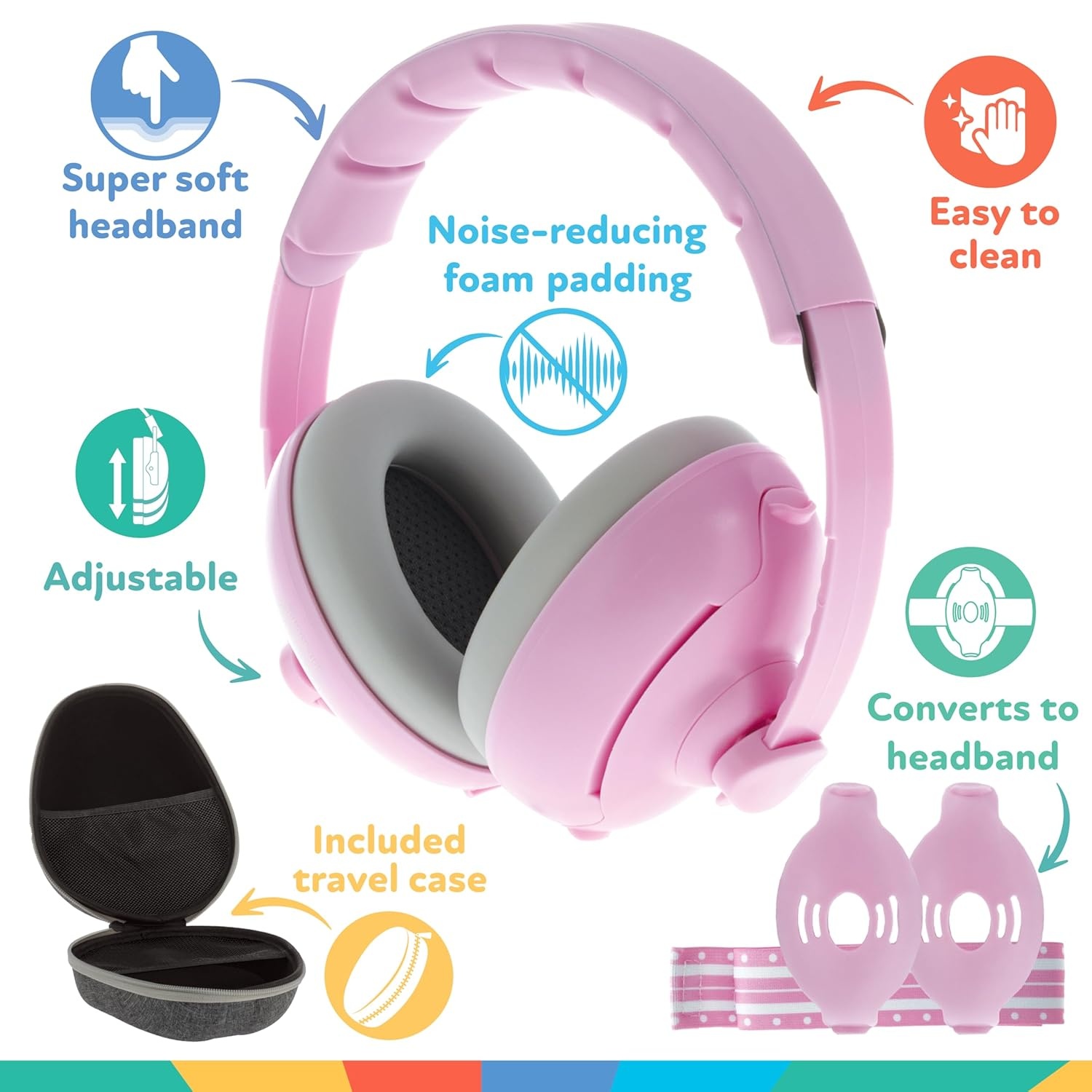 image:imageNuby Soft Sounds 2in1 NoiseCanceling Baby Earmuffs with Travel Case Adjustable Noise Protection for Infants and Toddlers WhitePink