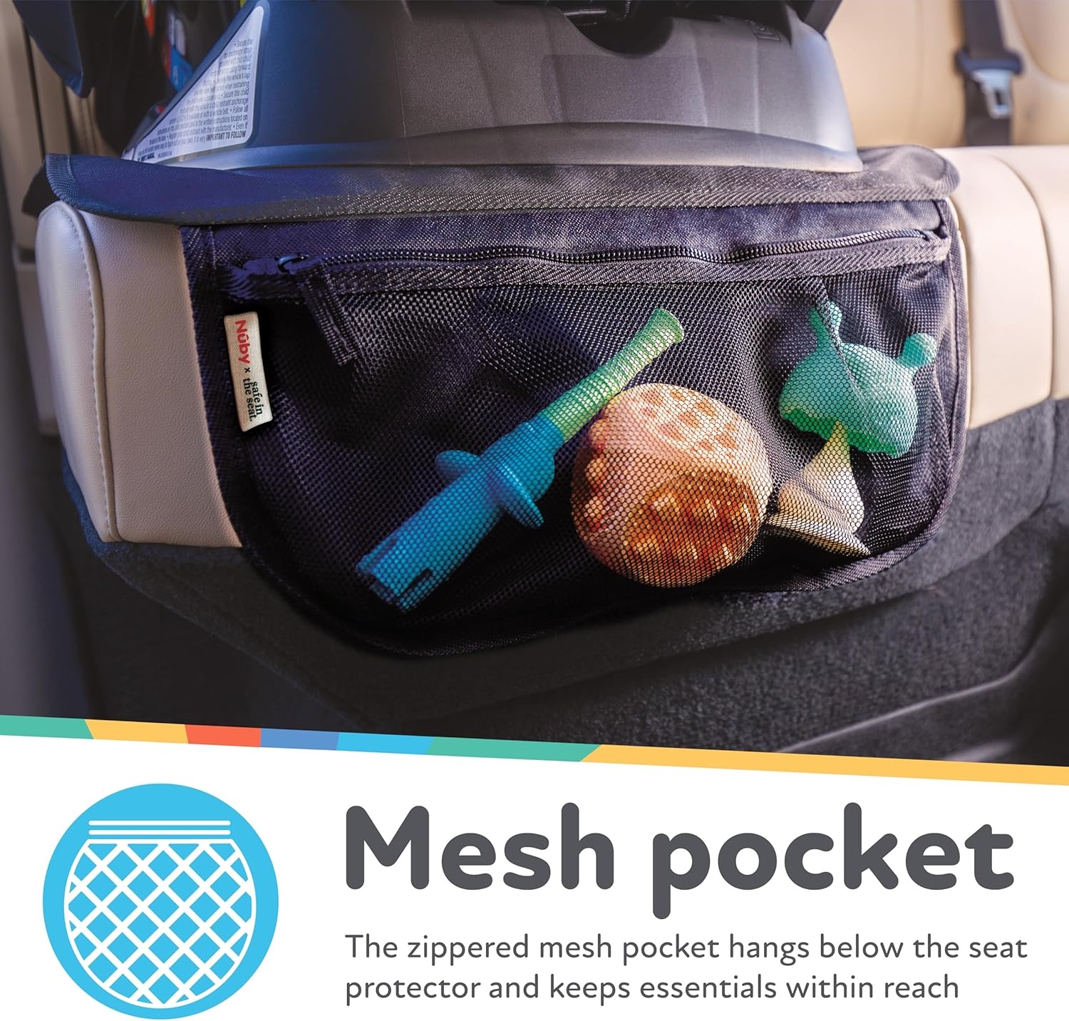 image:imageNuby x Safe In The Seat Car Seat Protector Compatible with Rear amp Forward Facing Car Seats Visual Learning Pocket Mesh Storage amp Adjustable Strap