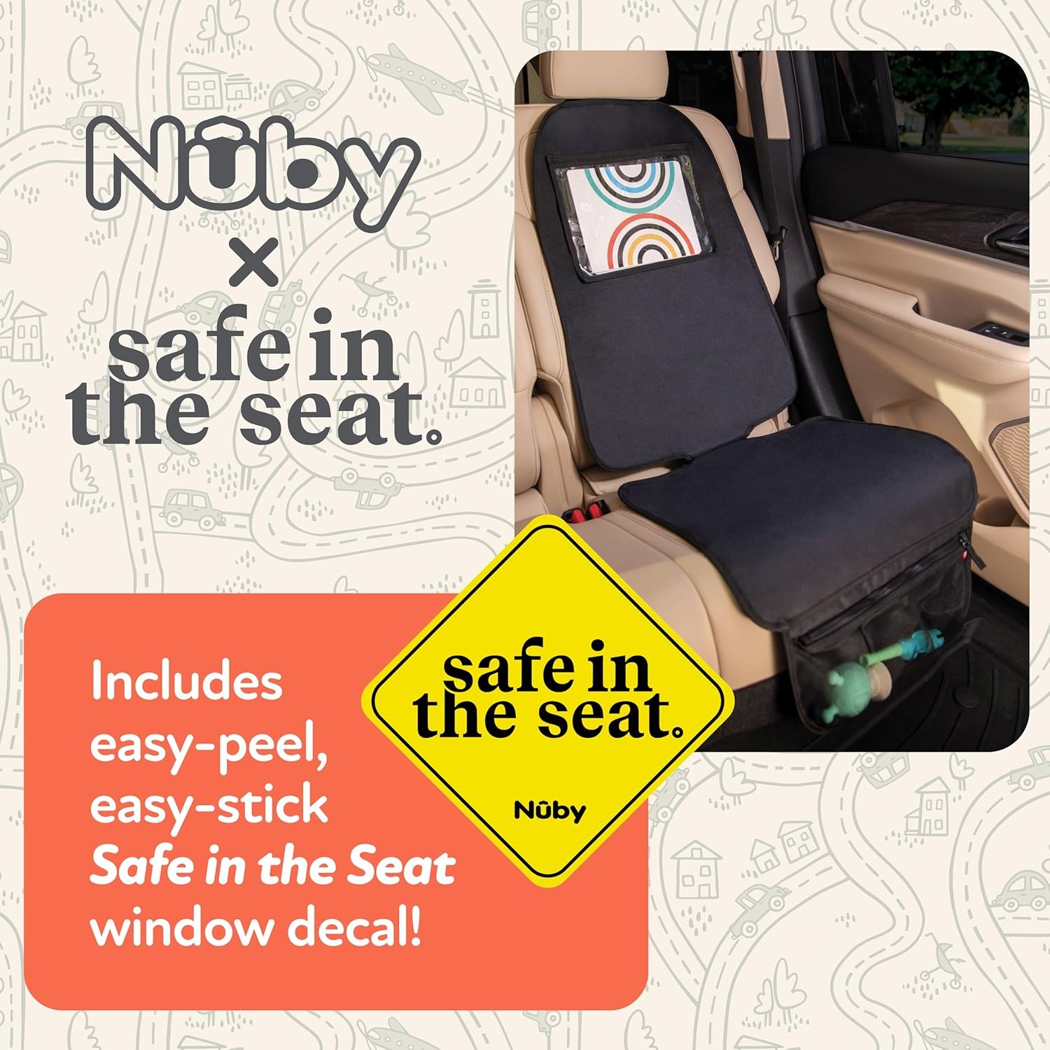 image:imageNuby x Safe In The Seat Car Seat Protector Compatible with Rear amp Forward Facing Car Seats Visual Learning Pocket Mesh Storage amp Adjustable Strap