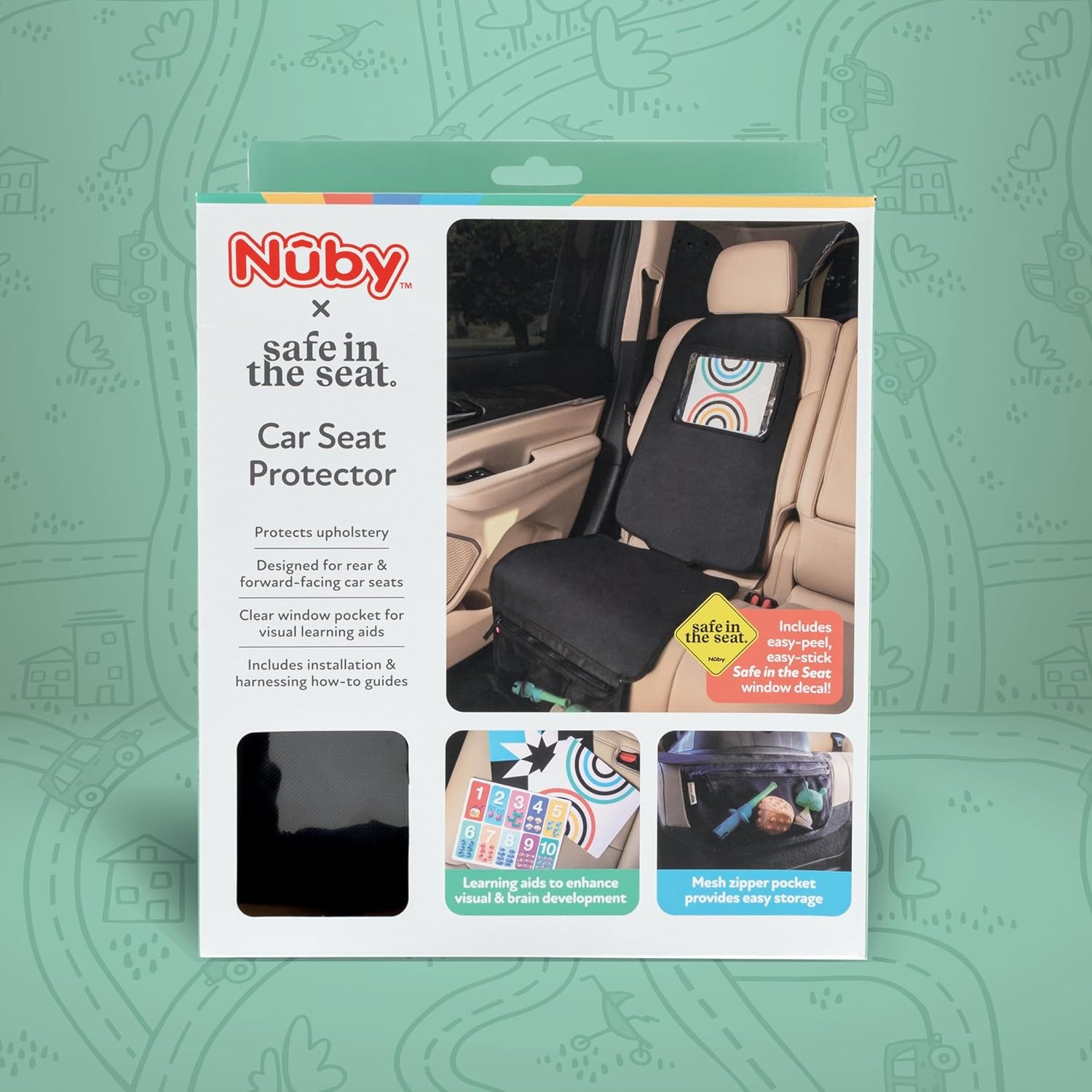 image:imageNuby x Safe In The Seat Car Seat Protector Compatible with Rear amp Forward Facing Car Seats Visual Learning Pocket Mesh Storage amp Adjustable Strap