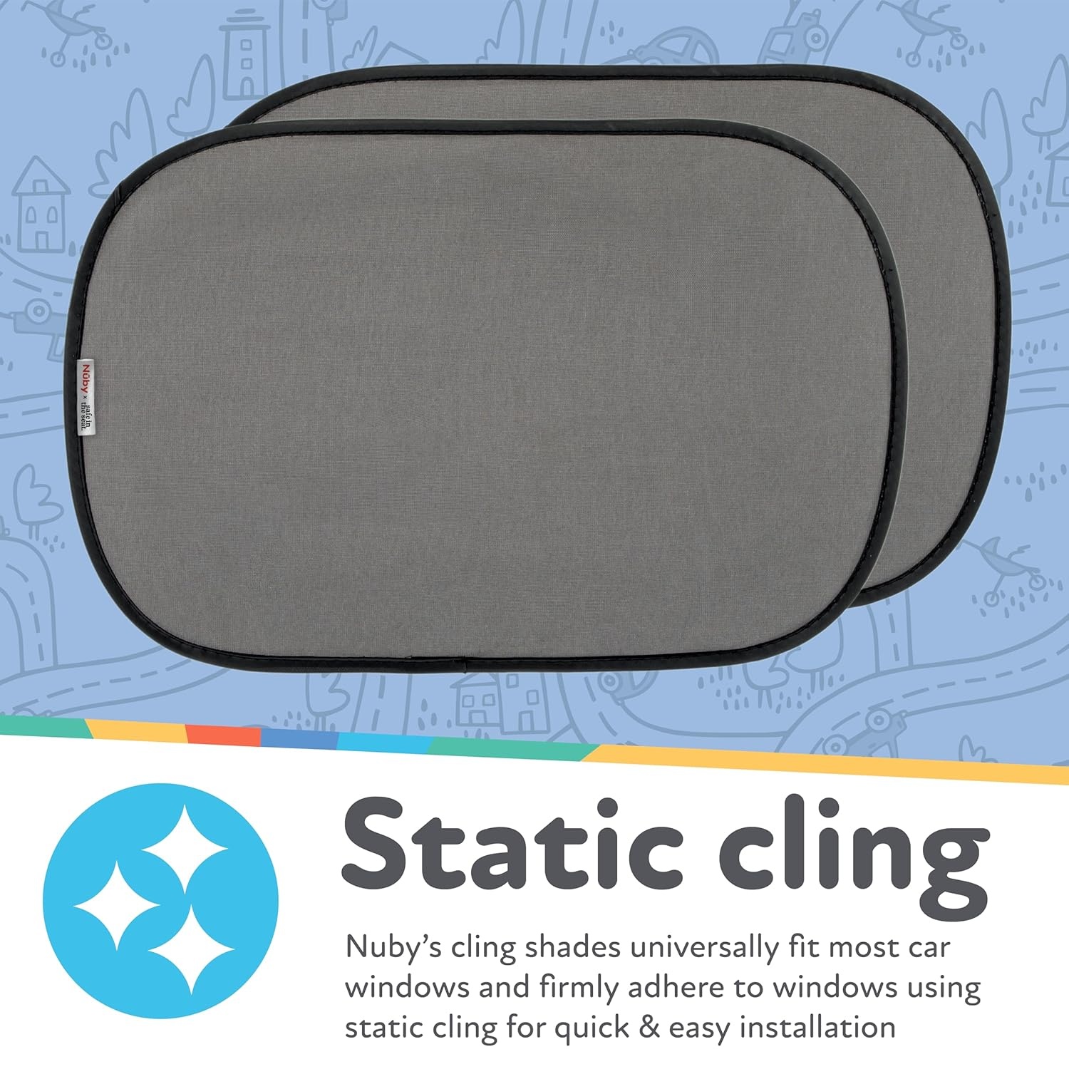 image:imageNuby x Safe in The Seat PopOpen Car Sun Shades 2 Piece Set Static Cling Window Shades for Baby in Car UV Protection Easy Install and Universal Fit