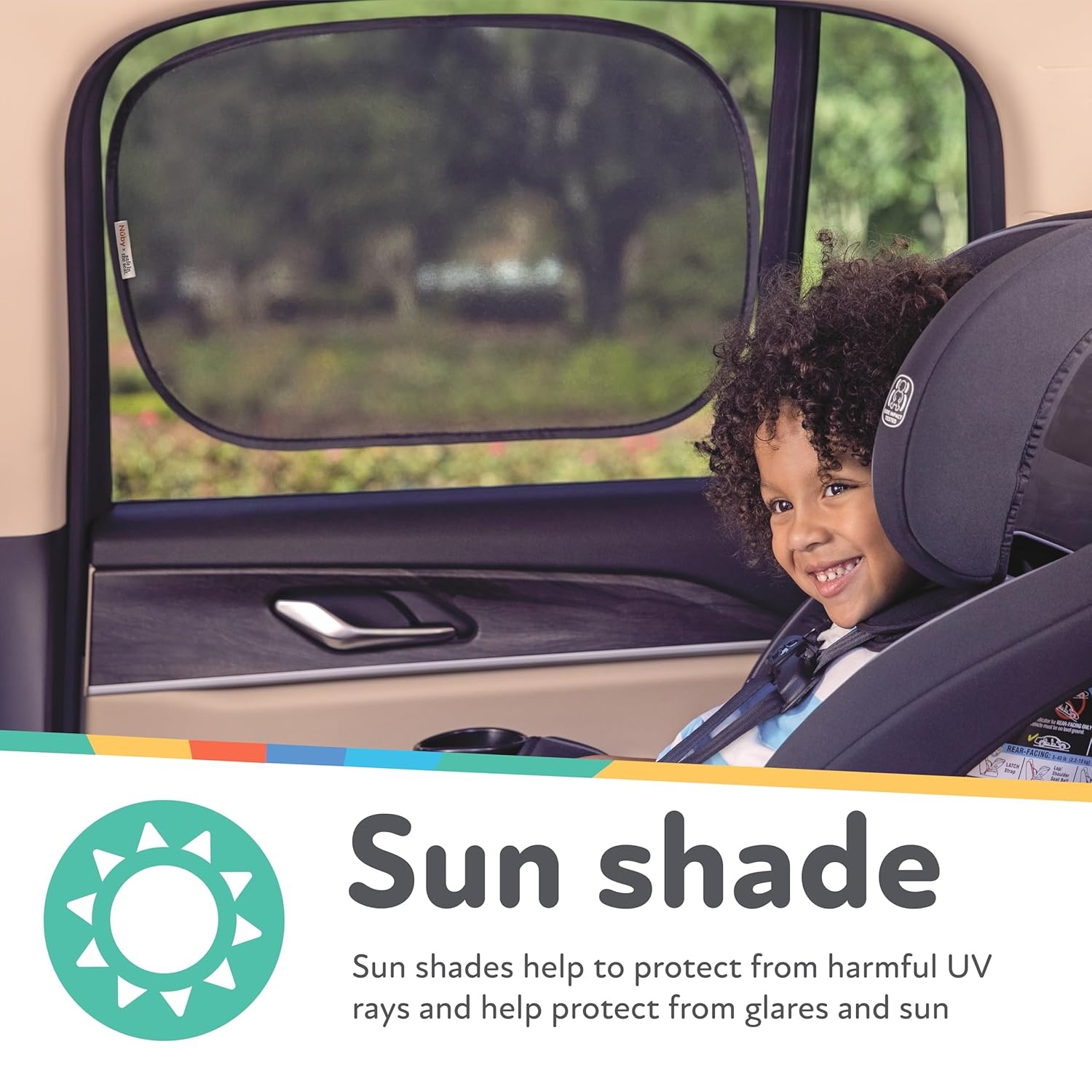 image:imageNuby x Safe in The Seat PopOpen Car Sun Shades 2 Piece Set Static Cling Window Shades for Baby in Car UV Protection Easy Install and Universal Fit