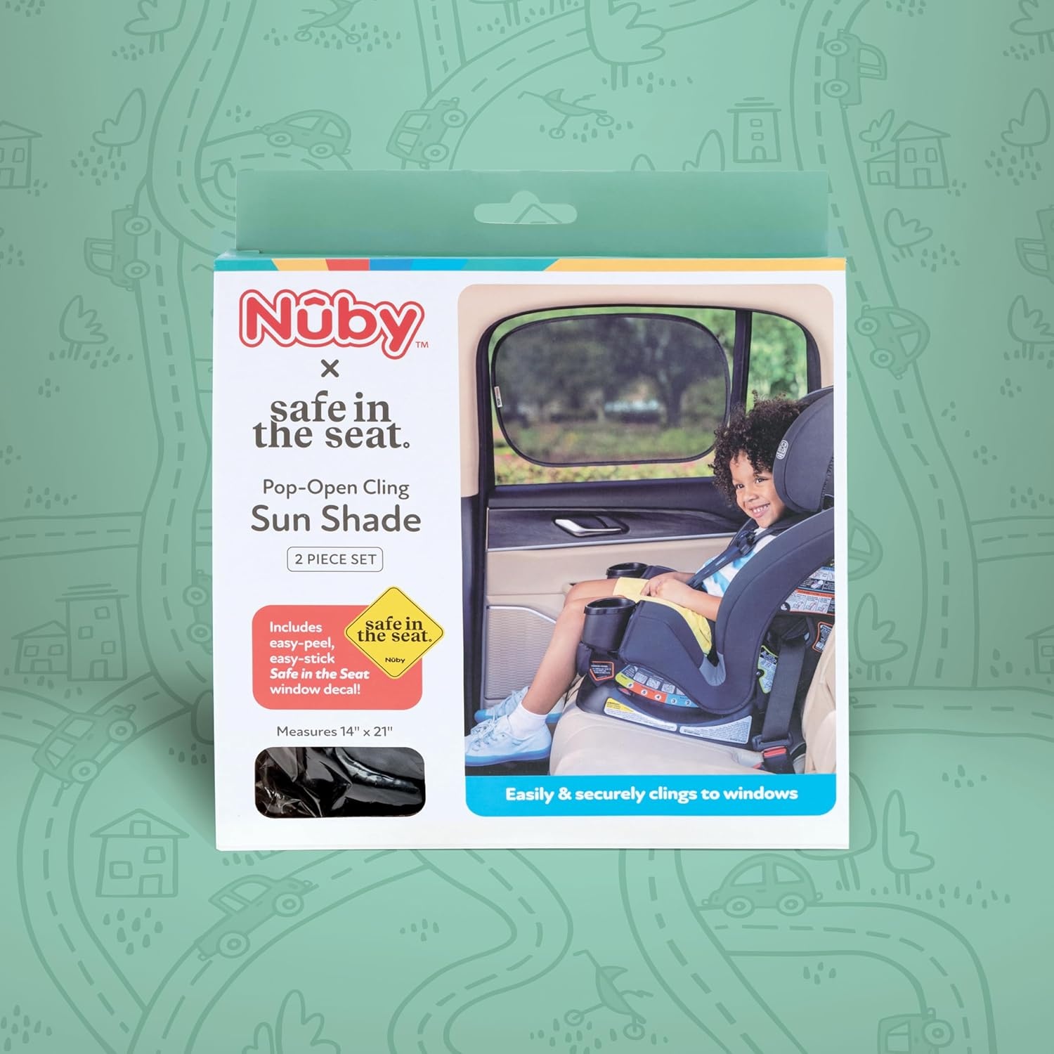 image:imageNuby x Safe in The Seat PopOpen Car Sun Shades 2 Piece Set Static Cling Window Shades for Baby in Car UV Protection Easy Install and Universal Fit