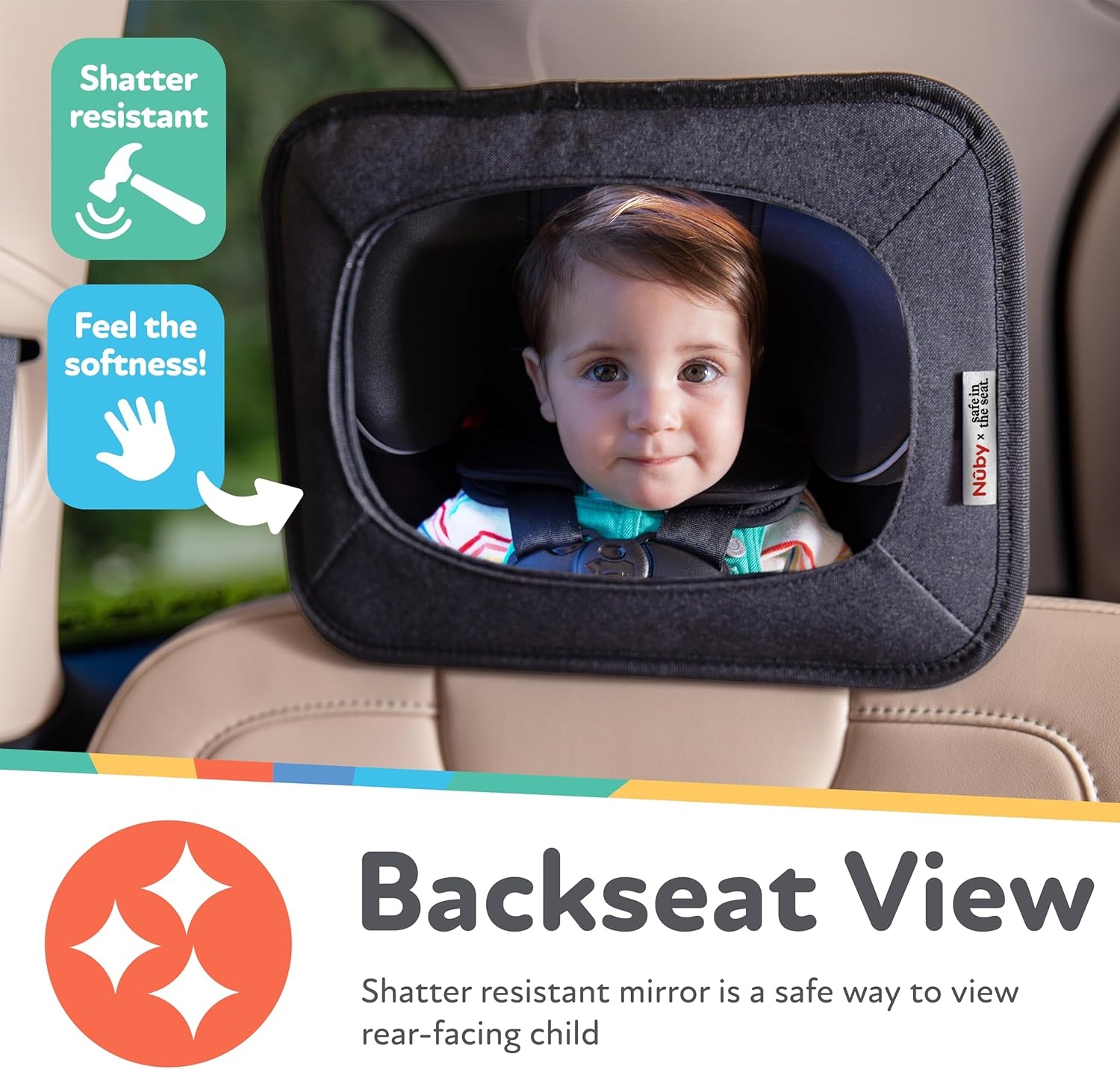 image:imageNuby x Safe in the Seat Backseat Baby Mirror ShatterResistant Car Mirror with Tether Anchor Strap Fits Most Headrests for RearFacing Baby Monitoring105 inches Pack of 2