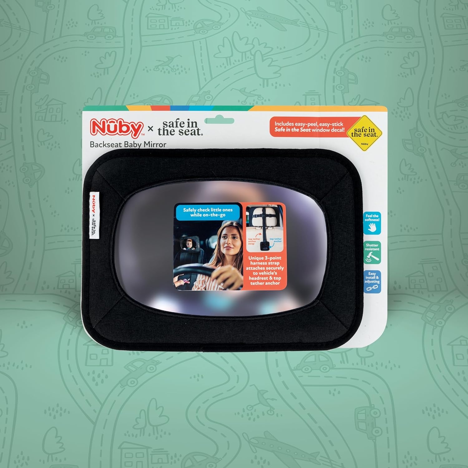 image:imageNuby x Safe in the Seat Backseat Baby Mirror ShatterResistant Car Mirror with Tether Anchor Strap Fits Most Headrests for RearFacing Baby Monitoring105 inches