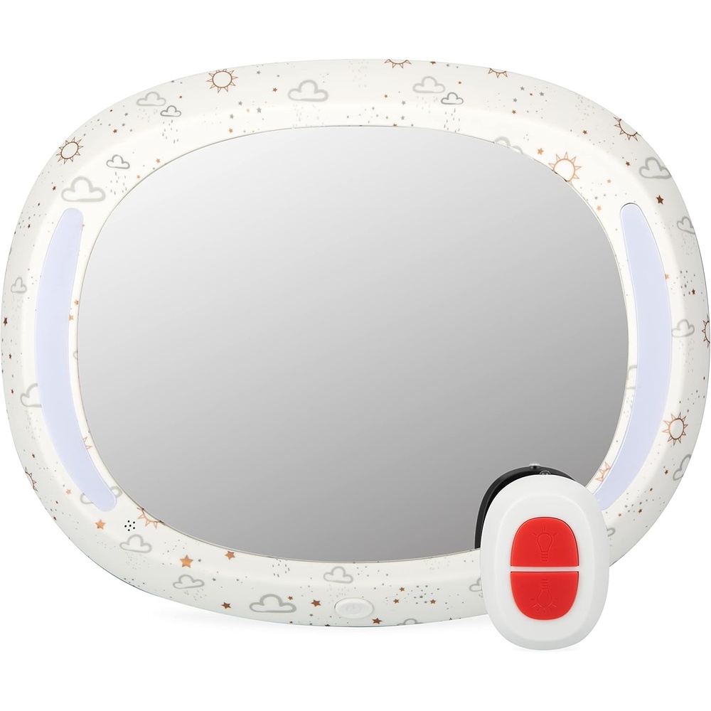 image:imageNuby LED Light Backseat Baby Car Mirror with Remote Controlled Light Wide View Shatter Resistant Mirror Adjustable White CloudWhite Cloud