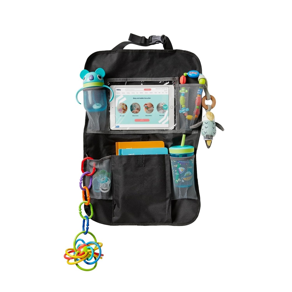 image:imageNuby Ultimate Backseat Car Organizer and Storage Pockets Tablet Holder Toy Clips and Removable Zipper Pouch Car Accessories for KidsBlack