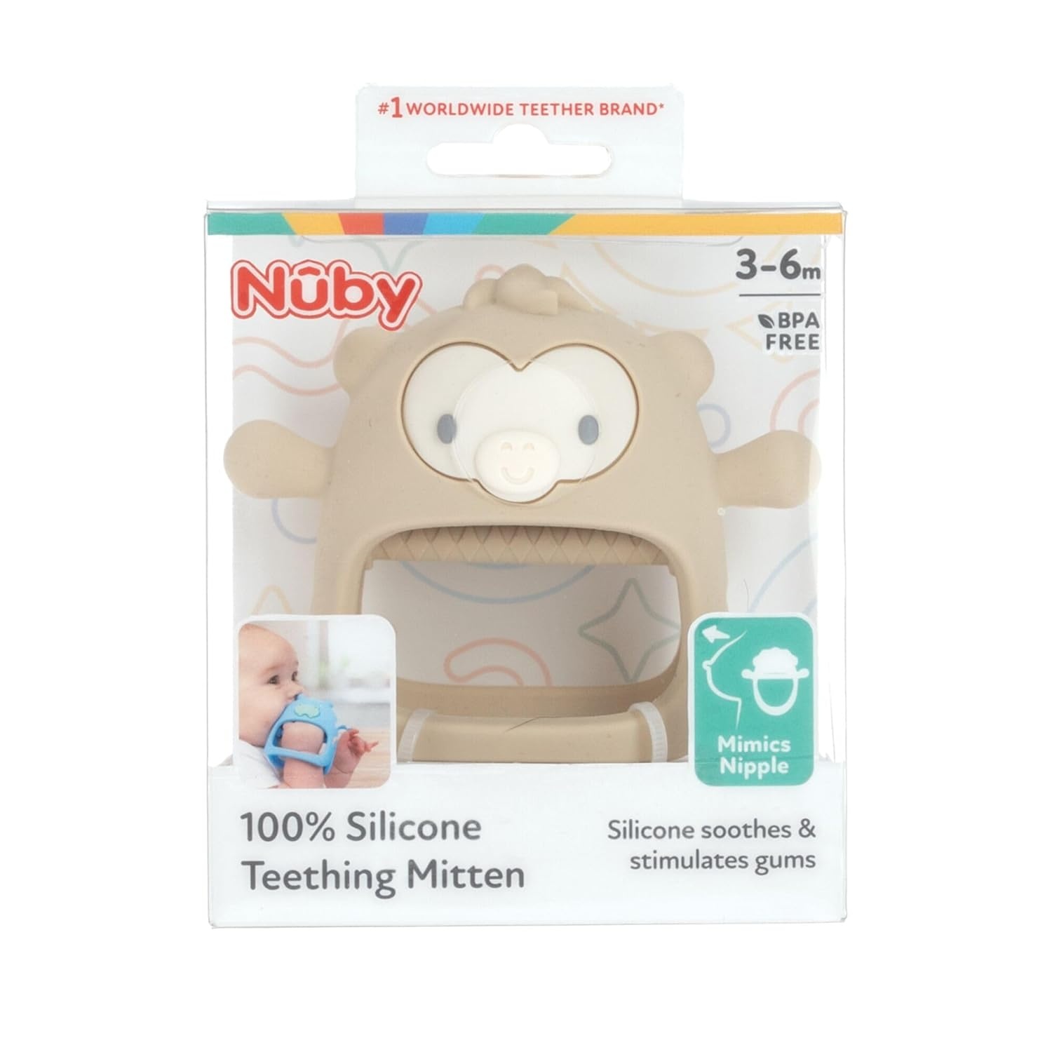 image:imageNuby Silicone Wrist Teething Mitten Baby Teether Ring 3 Months Provides Teething Relief for Babies and Toddlers Brown MonkeyBrown Monkey